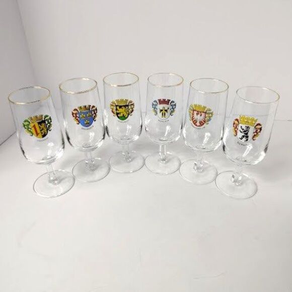 Set of 6 German Coat of Arms Wine Glasses Short Stem Port 6.5 Inch Vintage - Picture 2 of 9